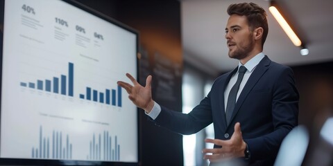 Wall Mural - A businessman leads a finance meeting, presenting graphs and charts for partnership planning and corporate success