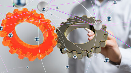 Leinwandbilder - Cyborg hand holding a gear wheel interface 3d rendering.