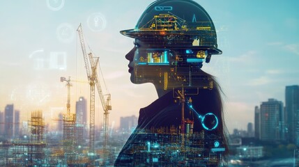 Engineer uses digital tech icons in double exposure with construction cranes, showing the future of construction.