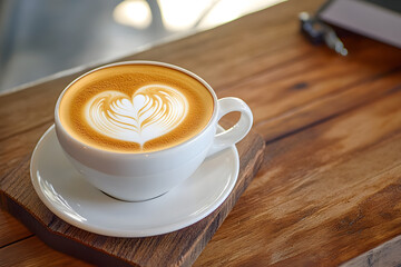 Sticker - Close up white coffee cup with heart shape latte art on wood tab