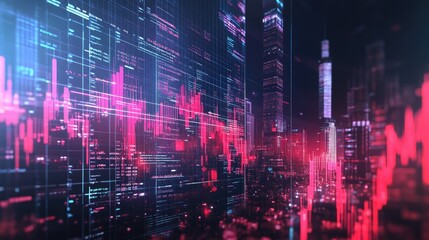 Poster - Overlapping financial data with a futuristic city skyline, representing stock market trends influencing urban environments.