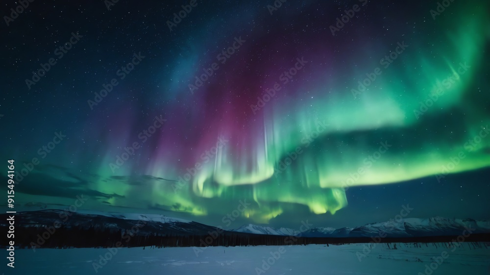 A vibrant green and purple aurora borealis, also known as the Northern ...