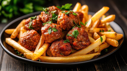 Close-up of a delicious dish featuring crispy french fries and savory meatballs garnished with fresh parsley, served in a black bowl on a wooden table.