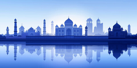 The taj mahal reflecting on water with other indian monuments in the background