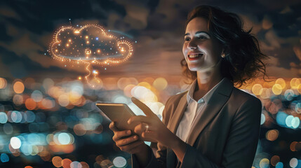 Poster - Beautiful smiling caucasian business woman in a suit holding a tablet with a digital cloud in the air. Digital cloud service, app, network, security, database, interface, support, internet, wi-fi