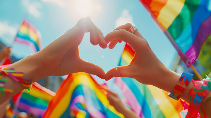 Hands in heart shape on lgbt parade surrounded by people holding rainbow flags as symbol of support. the LGBTQ+ community, identity, diversity, tolerance, pride