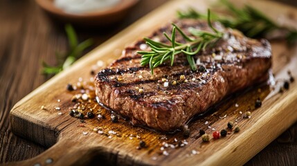 Deliciously grilled beef steak topped with rosemary, presented on a wooden cutting board.