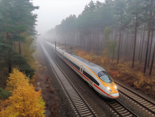 Wall Mural - A train is traveling down a track through a forest. The train is long and white, and it is surrounded by trees. The sky is cloudy, and the train is the only thing visible in the image