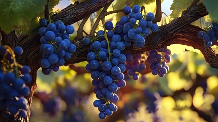 Wall Mural - Detailed shot of blue grapevines hanging down in a vineyard, offering a fresh and vibrant visual.