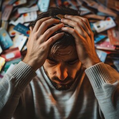 A man overwhelmed by financial stress, clutching his head amidst a sea of credit cards that symbolize debt and anxiety.