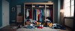 © sitifatimah - Colorful wardrobe with clothes scattered on the floor, showcasing a disorganized yet vibrant home atmosphere
