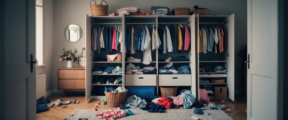 Cluttered closet scene showcasing disarray of clothes, organization issues, and lifestyle choices