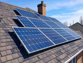 Wall Mural - A solar panel system is installed on a roof. The panels are blue and are arranged in a grid