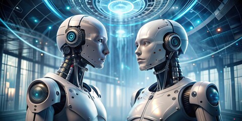 Poster - Two humanoid robots engaging in conversation on a futuristic background , technology