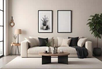 A modern living room with a beige sofa, a black and white blank frame on the walls, and a wooden coffee table with decorative objects