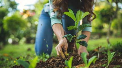 A woman is closeup photo of an planting a tree in a garden