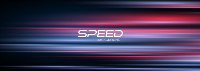 Poster - Blue and red high-speed background. Movement light trails effect on black abstract background. Wide technology banner with glowing blue and red light motion effect. Vector illustration