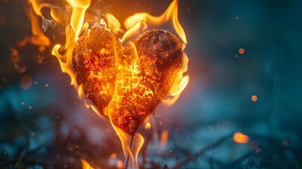 Burning heart on a dark background. The concept of unrequired love, passion and romance. Heart is on fire on a dark blue background. fiery and powerful emotion, fiery love