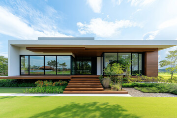  modern one-story house with an open floor plan, featuring two large windows on the front and side walls, covered by flat roofs, wooden cladding, white stucco finish, green grass lawn, garden landscap