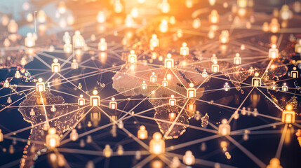 Poster - Global network connection illustration. Creative blend of human elements and world map, digital technology for professional networking, global business, communication, internet, globalization