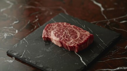 A single raw, marbled steak sits on a black slate serving board. Generative AI