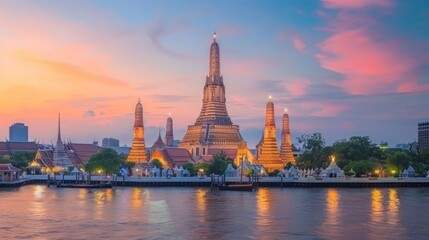 wat arun temple at sunset landmark of bangkok, thailand