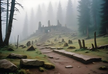 a foggy landscape with a mountain in the background