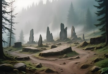 a foggy landscape with a mountain in the background