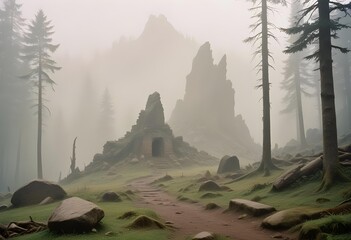 A foggy landscape with a mountain in the background