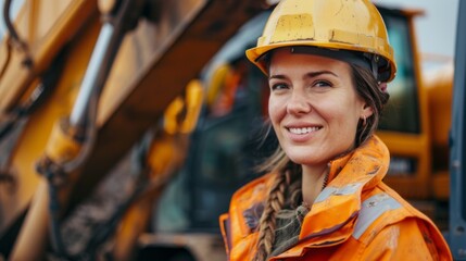 Poster - a woman in a yellow helmet and orange vest is smiling at the camera