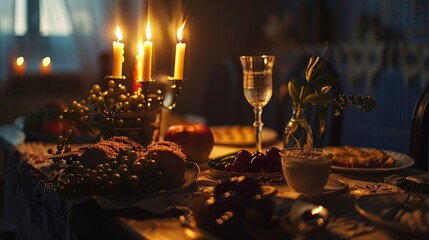 a serene hanukkah evening with a menorah and traditional foods.