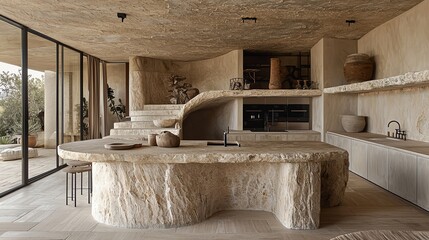 Modern kitchen with a unique stone island and minimalist design, showcasing natural elements and elegant decor.