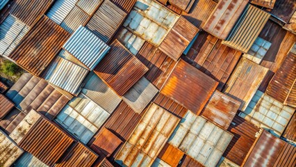 Poster - Abstract aerial view of rusted metal sheets resembling a natural painting , deterioration, unexpected beauty, decay