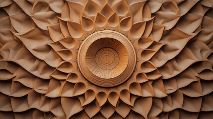 Close-up of an intricate abstract sculpture with a radial, floral-like pattern and texture resembling wooden layers.