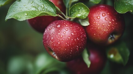 Sticker - Fresh red apples glistening with raindrops on a tree branch in an orchard during late summer