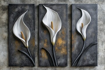 A Set of 3 Canvases Featuring Volumetric Stucco Molding on a Concrete 