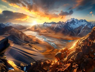 Canvas Print - Majestic Mountain Landscape with Golden Sunset.