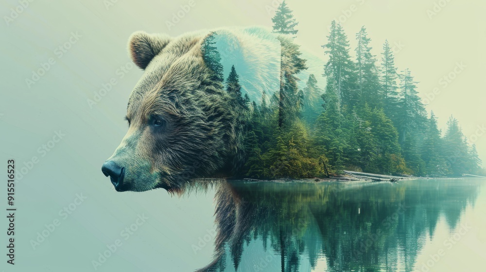 The majestic grizzly bear stands tall in the misty forest, its powerful ...