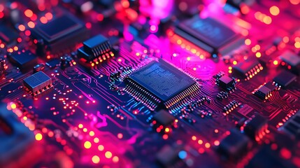 Poster - Freshly Assembled Computer Chip Close-Up with Clean Lines and Vibrant Connections