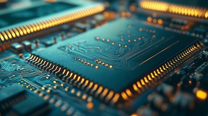 Poster - Freshly Assembled Computer Chip Close-Up with Clean Lines and Vibrant Connections