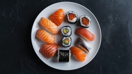 Wall Mural - Assorted Sushi on a White Plate with a Black Background