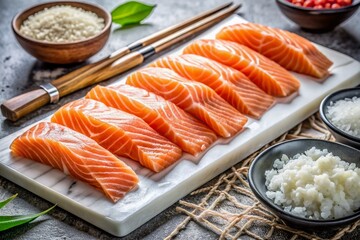 Fresh salmon sashimi sliced into thin pieces lies on a marble countertop amidst sushi rice and various chef's tools, ready for roll preparation.