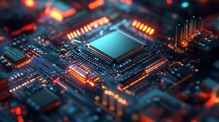Poster - Freshly Assembled Computer Chip Close-Up with Clean Lines and Vibrant Connections