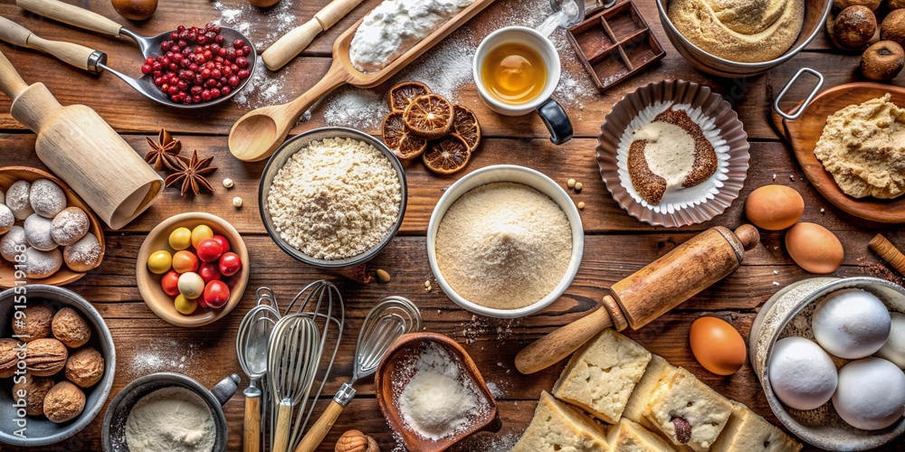 Flour-dusted countertops, mixing bowls, and utensils surround an array ...