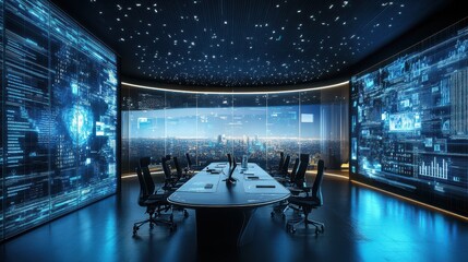 Poster - Fintech research lab, 3D holographic screens, cutting-edge technology, sleek setting 