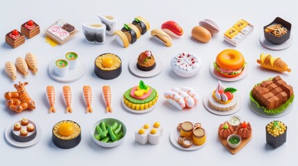 Colorful 3D icons food set, 3D rendering, white background, isometric, C4D, Blender, clean, Pinterest, super detailed