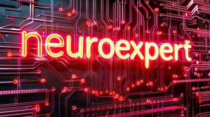 Poster - Neon nameplate with neuro expert text on circuit board. Neuro illustrator, data analyst, ML engineer. Artificial intelligence Digital profession education. computer technology, data, AI specialist
