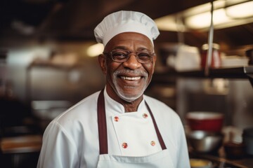 Smiling portrait of a senior chef working in kitchen