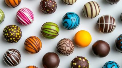 Poster - A close-up of a variety of brightly colored chocolate truffles with decorative patterns and coatings, set against a clean white background.