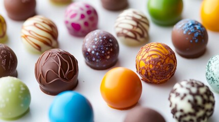 Poster - A close-up of a variety of brightly colored chocolate truffles with decorative patterns and coatings, set against a clean white background.
